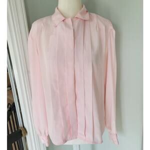 Vintage Kristen Pleated Blouse Soft Pink Button Down Polyester Blouse